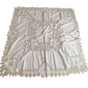VTG Battenberg Cutwork Lace Ivory Linen Tablecloth Hand Embroidered W/6 Napkins